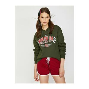 Koton Women's Green Hooded Long Sleeve Letter Printed Sweatshirt