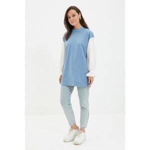 Trendyol Blue Crew Neck Knitted Tunic With Woven Garnish