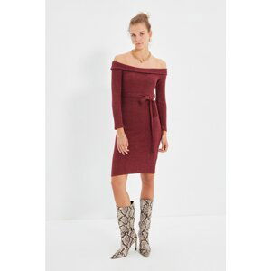 Trendyol Claret Red Carmen Collar Tie Detailed Knitted Dress