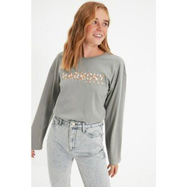 Trendyol Gray Embroidered Knitted T-Shirt
