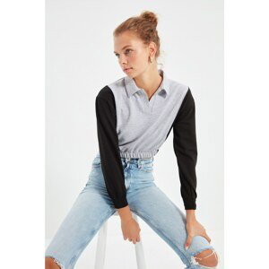 Trendyol Gray Polo Neck Pleated Crop Knitted Sweatshirt