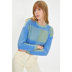 Trendyol Mint Crew Neck Jacquard Crop Knitwear Sweater
