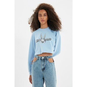 Trendyol Light Blue Bugs Bunny Licensed Printed Crop Knitted Sweatshirt