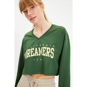 Trendyol Green Crop Printed Knitted Sweatshirt