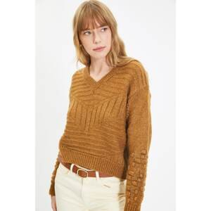 Trendyol Camel V-Neck Knit Detailed Knitwear Sweater