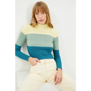 Trendyol Yellow Stand Up Collar Color Block Knitwear Sweater
