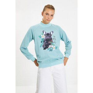 Trendyol Mint Stand Collar Loose Printed Knitted Sweatshirt
