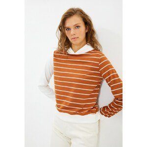 Trendyol Cinnamon Striped Hoodie Basic Knitted Slim Sweatshirt