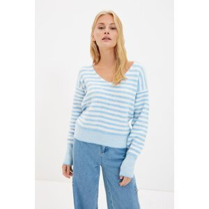 Trendyol Light Blue Striped V-Neck Knitwear Sweater