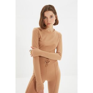 Trendyol Camel Corduroy Crop Knitted Blouse