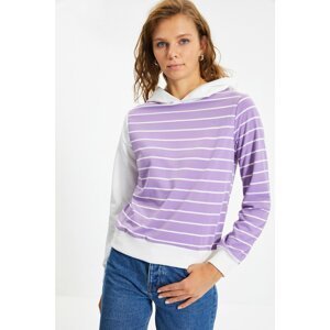 Trendyol Lilac Striped Hoodie Basic Knitted Slim Sweatshirt