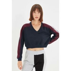 Trendyol Navy Blue V-Neck Color Block Crop Knitted Sweatshirt
