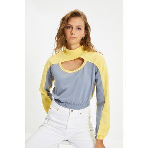 Trendyol Yellow Color Block Stand Up Collar Crop Thin Knitted Sweatshirt