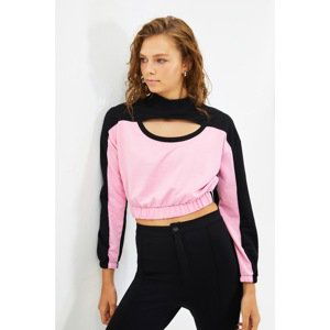 Trendyol Black Color Block Stand Up Collar Crop Slim Knitted Sweatshirt