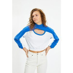 Trendyol Blue Color Block Stand Up Collar Crop Thin Knitted Sweatshirt