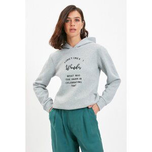 Trendyol Gray Embroidered Basic Hooded Thick Knitted Sweatshirt