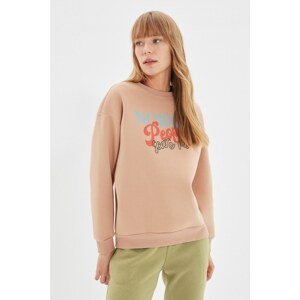 Trendyol Beige Printed Loose Fit Knitted Sweatshirt