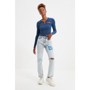 Trendyol Light Blue Ripped Detailed Printed High Waist Bootcut Jeans