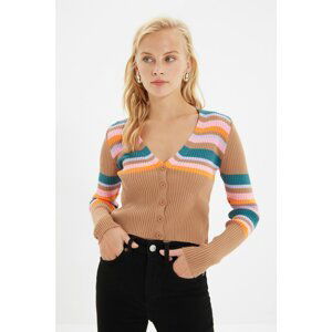 Trendyol Camel Striped Crop Knitwear Cardigan