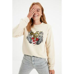 Trendyol Beige Printed Slim Basic Knitted Sweatshirt