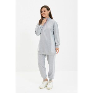 Trendyol Gray Stand Up Collar Zippered Color Block Knitted Tracksuit Set