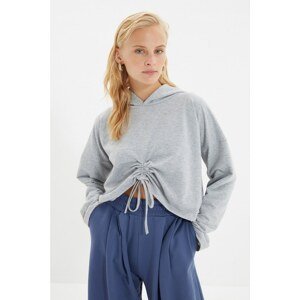 Trendyol Gray Pleated Hooded Crop Knitted Slim Sweatshirt
