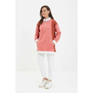 Trendyol Powder Stand Up Collar Zippered Color Block Knitted Sweatshirt With Feather Inside
