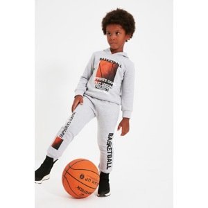 Trendyol Gray Printed Hooded Boy Knitted Thick Tracksuit Set