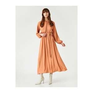 Koton Maxi Dress With Pleated Collar Sleeves Belted Waist