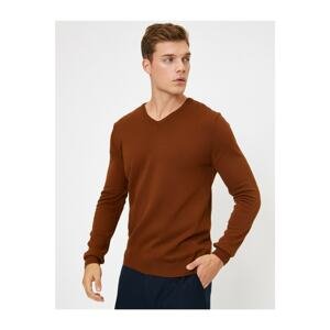 Koton Men's Brown V-Neck Sweater