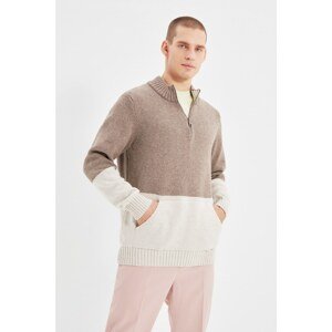 Trendyol Mink Men Regular Zippered Half Fisherman Color Block Kangaroo Pocket Sweater