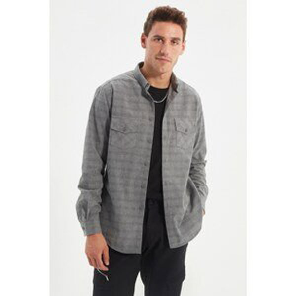 Trendyol Gray Men's Regular Fit Buttoned Collar Double Pocket Covered Long Sleeve Lumberjack Plaid Shirt