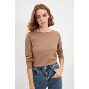 Trendyol Mink 100% Organic Cotton Boat Collar Three Quarter Sleeve Basic Knitted T-Shirt