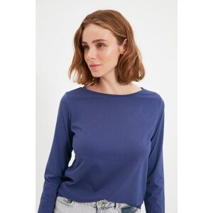 Trendyol Navy Blue 100% Organic Cotton Boat Collar Three Quarter Sleeve Basic Knitted T-Shirt