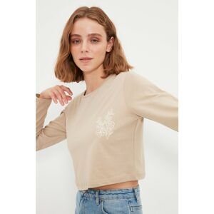 Trendyol Stone 100% Organic Cotton Embroidered Crop Knitted T-Shirt