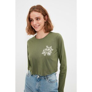 Trendyol Khaki 100% Organic Cotton Embroidered Crop Knitted T-Shirt