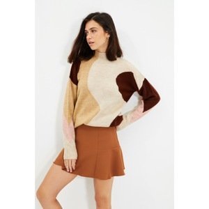 Trendyol Camel High Collar Jacquard Knitwear Sweater