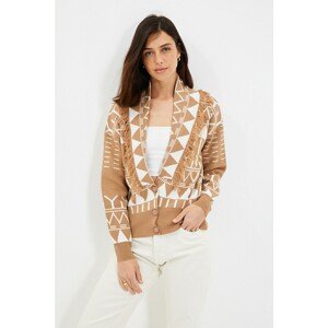 Trendyol Camel Tassel Detailed Jacquard Knitwear Cardigan