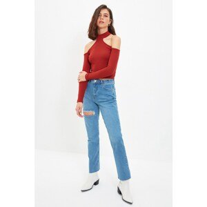 Trendyol Cinnamon Cut Out Stand Up Collar Corduroy Knitted Blouse