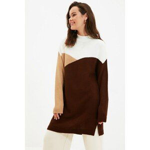 Trendyol Brown Stand Up Collar Color Block Knitwear Sweater