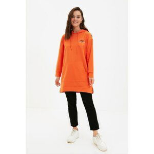 Trendyol Orange Hooded Collar Printed Knitted Sweatshirt