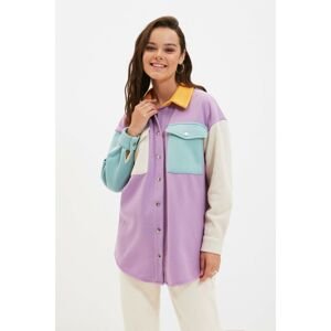 Trendyol Purple Shirt Collar Color Block Pocket Detailed Knitted Jacket
