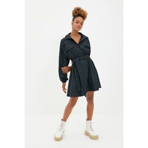 Trendyol Navy Blue Belted Plaid Dress