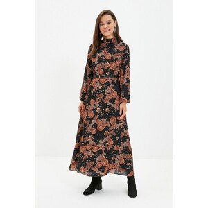 Trendyol Black Stand Up Collar Patterned Belted Dress