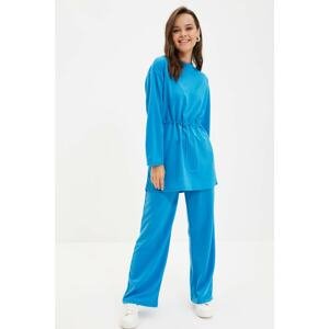 Trendyol Blue Crew Neck Waist Pleated Knitted Tracksuit Set