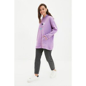 Trendyol Lilac Hooded Printed Kangaroo Pocket Knitted Sweatshirt