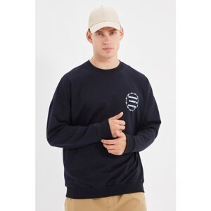 Trendyol Navy Blue Men's Oversize Fit Printed Crew Neck Sweatshirt