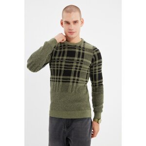 Trendyol Khaki Men's Slim Fit Crew Neck Plaid Knitwear Sweater