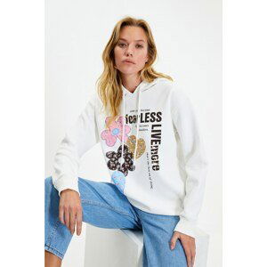 Trendyol White Printed Hoodie Boyfriend Knitted Sweatshirt