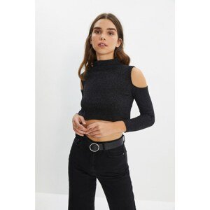 Trendyol Black Stand Up Collar Cut Out Detailed Crop Knitted Blouse